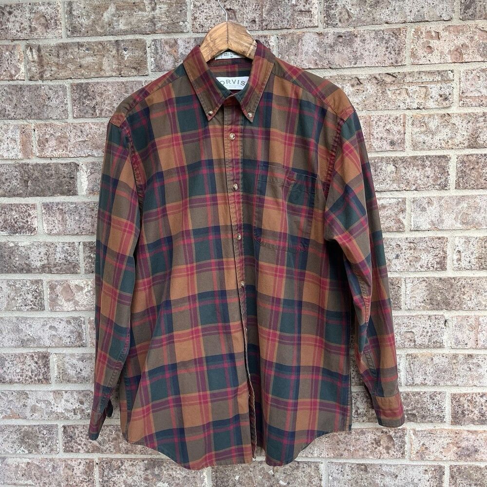 Vintage Orvis Plaid Button Down Shirt Mens M Thick Cotton Preppy Ivy Classic
